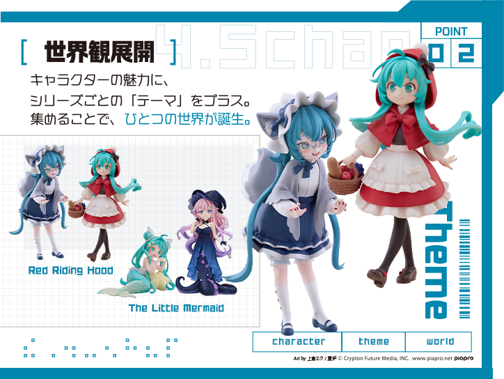 POINT 02：世界観展開。キャラクターの魅力に、シリーズごとのテーマをプラス。集めることで、ひとつの世界が誕生。